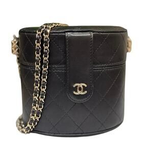 Authentic Chanel Lambskin Quilted Round Vanity Case With Chain Black